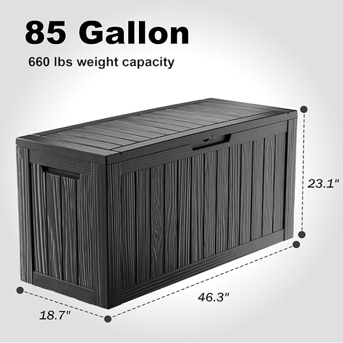 86 Gallon Outdoor Deck Box,Storage Lockable Waterproof Patio Furniture,Garden Tools,Cushions,Pool Accessories Outside Storage Resin Box(Black)-CasaMuseHome