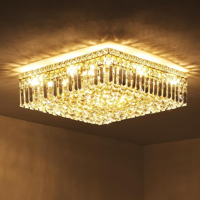 12-Lights Gold Crystal Flush Mount Ceiling Light Fixtures,Elegant Crystal Chandelier Pendant Ceiling Lamp for Bedroom,Living Room,Dining Room,Hallway H5.9 x W20 x L20 (Bulb Not Included) Square-CasaMuseHome