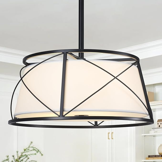 15.7" Black Drum Chandelier,3-Light Modern Farmhouse Chandelier,White Fabric Drum Shade Pendant Light Fixture for Dining Room Kitchen Island Bedroom Entryway-CasaMuseHome