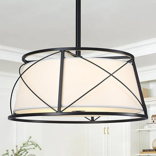 15.7" Black Drum Chandelier,3-Light Modern Farmhouse Chandelier,White Fabric Drum Shade Pendant Light Fixture for Dining Room Kitchen Island Bedroom Entryway-CasaMuseHome