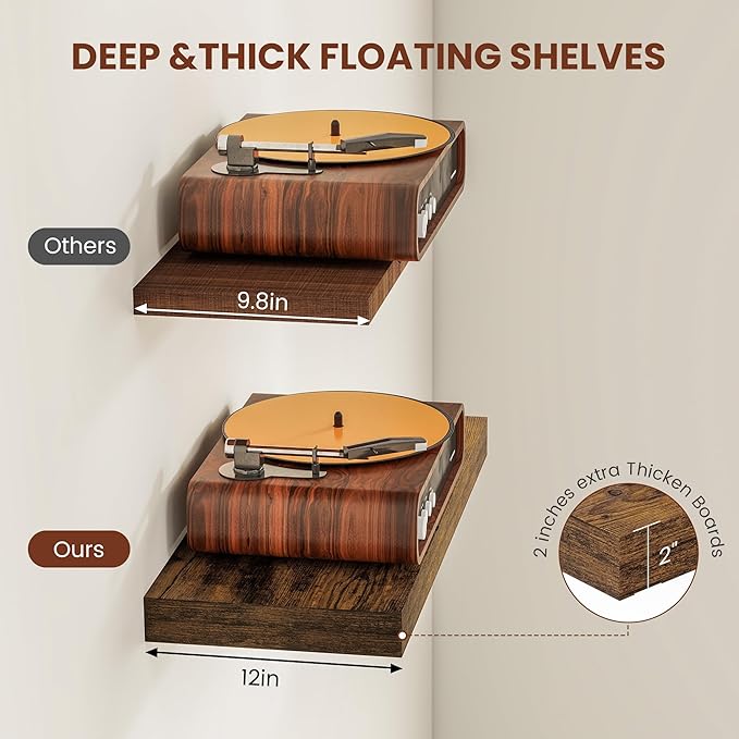 12" Deep Floating Shelves for Wall 24 Inches Long, Heavy Duty Wall Shelves for Bedroom Bathroom Kitchen Laundry Room, Farmhouse Rustic Shelves for Home Decor, 24" X 12" X 2" Set Of 2, Rustic Brown-CasaMuseHome