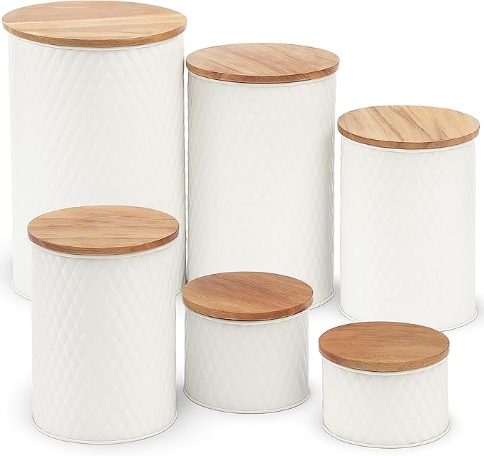 6 Canister Set for the Kitchen Countertop – Metal Food Storage Canisters with Airtight Lids for Flour, Tea, Crafts, Coffee, & Sugar – Container Set with Modern Wood Lids, White-CasaMuseHome