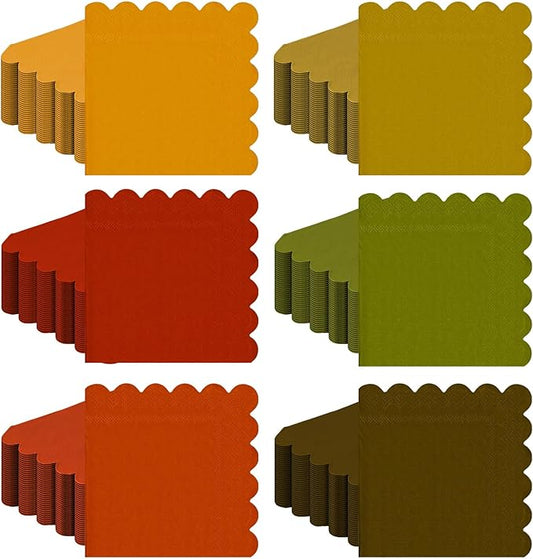 150 Pcs 5 x 5 Inches Fall Thanksgiving Paper Napkins Scalloped Cocktail Napkins Disposable Autumn Harvest Party Supplies Dessert Beverage Bathroom Table Dinner Wedding Decor-CasaMuseHome
