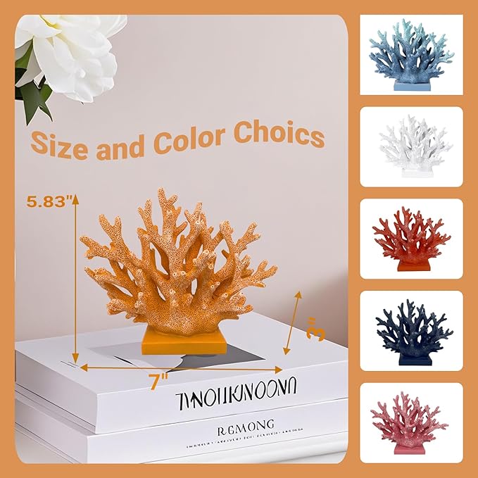 5.8" H Orange Coral Decor - Resin Coral Statue, Nautical Decor for Home, Bedroom, Bathroom, Living Room, Ocean Themed Cabinet Shelf Tabletop Decoration-CasaMuseHome