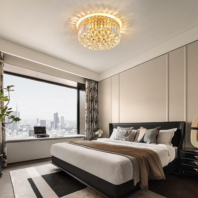 4-Light Gold Crystal Chandeliers Flush Mount Chandelier Light Fixture with K9 Crystals Modern Ceiling Lights Elegant Round Lamp for Bedroom,Hallway,Bar,Living Room,Dining Room,H5.9 xW13.7-CasaMuseHome