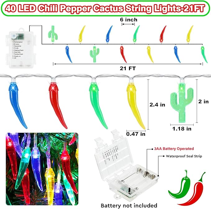 21FT [ 8 Modes & Timer ] Chili Pepper String Lights 40LED Fairy Lights Battery Operated for Indoor Outdoor Garden Pool Birthday Mexican Party Wedding Christmas Summer Tropical Decor-CasaMuseHome