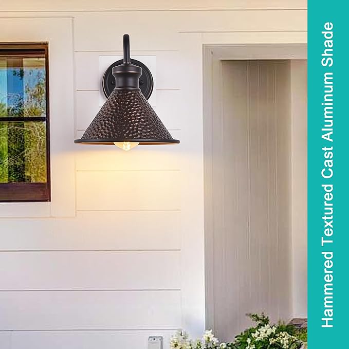 2 Pack Dusk to Dawn Outdoor Wall Light Fixtures Photocell Sensor, Exterior Sconce Light with Cast Hammered Aluminum Shade, Outside Wall Mount Lamp for House Patio Garage Entryway Doorway-CasaMuseHome