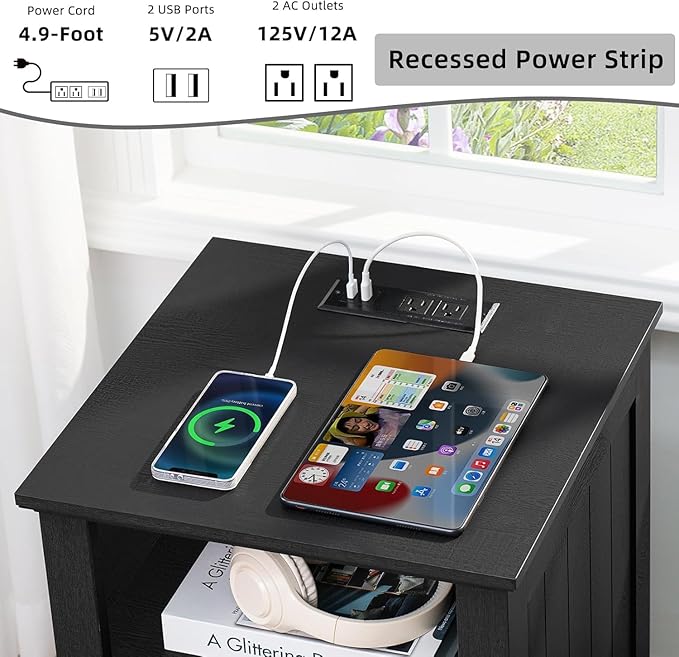 18" Night Stands Set of 2 with Charging Station, Farmhouse 2 & 3 Drawers End Table Dresser for Bedroom, Black Wooden Nightstand, Bed Side Table with Open Shelf, Bedside Cabinet for Living Room-CasaMuseHome