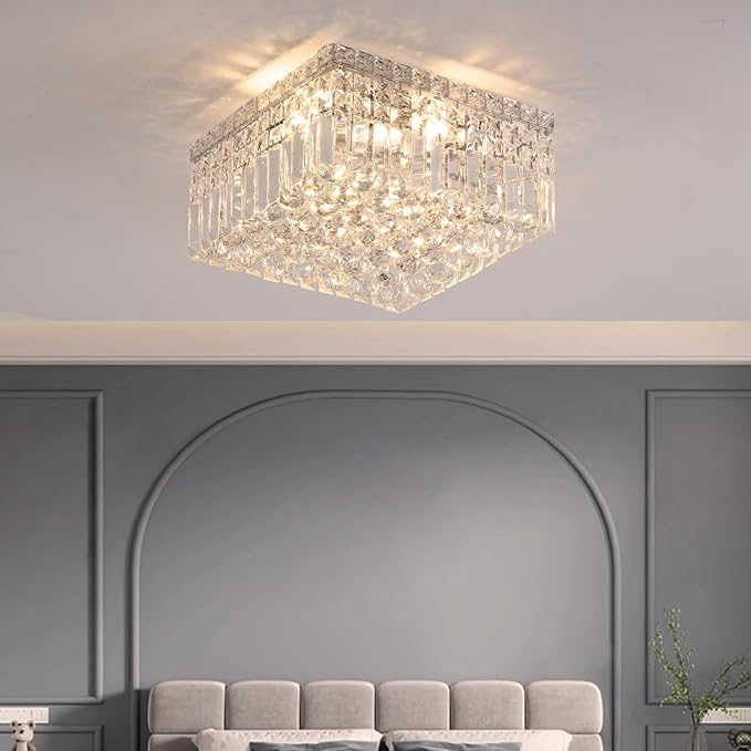 4-Lights Modern Flush Mount Ceiling Light Fixtures,Elegant Crystal Chandelier Pendant Ceiling Lamp for Bedroom,Living Room,Dining Room,Hallway H5.9 x W13.7 x L13.7 (Bulbs Not Included) Square-CasaMuseHome