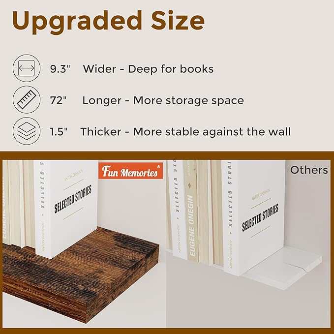 72 Inch Floating Shelves, 72 x 9 Rustic Wooden Fireplace Mantel, 9 Inch Floating Shelf for Wall, Farmhouse Wall Shelves for Home Storage & Display, Rustic Brown Color, Set of 1-CasaMuseHome