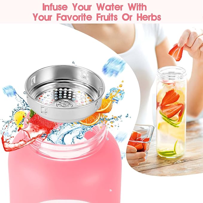 32 oz Glass Water Bottle with Straw - Motivational Time Marker & Silicone Sleeve - Reusable Tumbler Includes 2 Bamboo Lids & Fruit Infuser - 1 Pack-CasaMuseHome