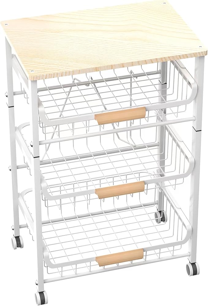 4-Layer Fruit Basket Kitchen Food Storage Organizer and Storage Rack, Stackable Storage cart with Desktop, Pull-Out Hollow Metal Storage Basket, liding Out Storage,White-CasaMuseHome