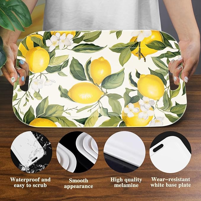 Serving Trays with Handles, 14.5 x 9.8 inch Rectangular Plastic Tray for Restaurant, Kitchen, Lemon and Lemon-CasaMuseHome
