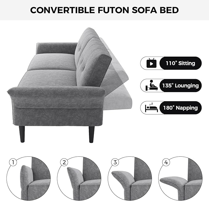 89” Futon Sofa Bed, Comfy Futon Couch Bed with 2 Square Pillows, Convertible Sleeper Sofa with Adjustable Backrest& Armrests, Modern Loveseat Sleeper for Living Room, Bedroom, Light Gray-CasaMuseHome