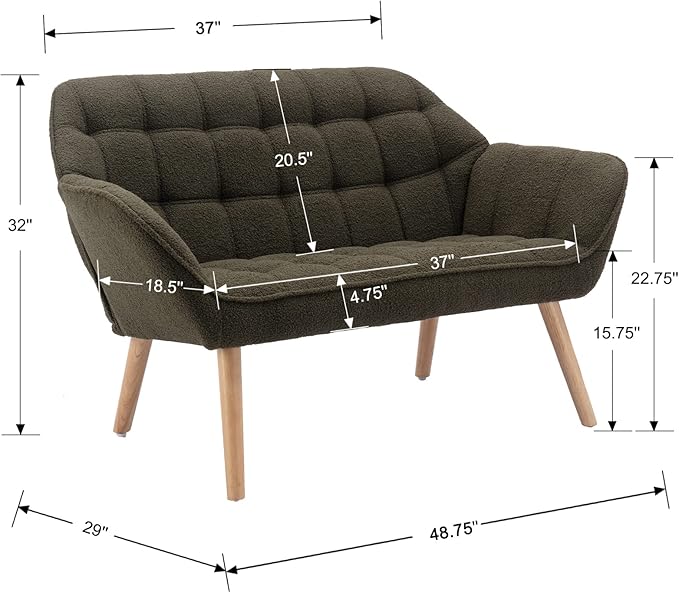 48" Small Loveseat Sofa, Modern Sherpa Mini Sofa Couch 2-Seater Fluffy Love Seat with Quilting Backs and Wood Legs for Living Room, Bedroom and Small Space, Green-CasaMuseHome