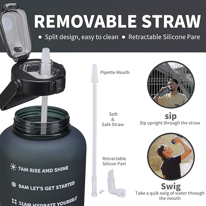 64oz,100oz,128oz Large Motivational Water Bottle with Time Marker, Leakproof & BPA Free Half Gallon Big Water Bottle with Straw Handle Tritan Frosted Water Jug for Gym,Fitness,Outdoor Sports-CasaMuseHome