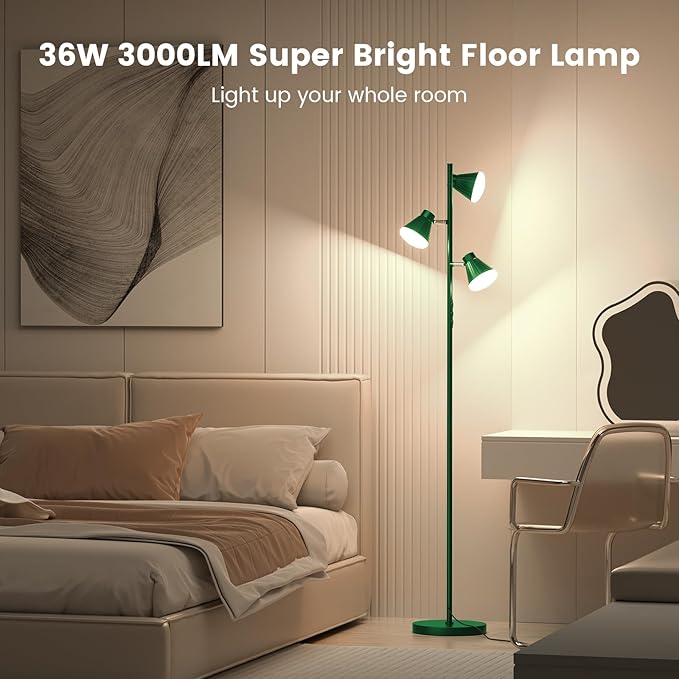 36W LED Tree Floor Lamp, Dimmable Tall Standing Lamp with Remote & Touch Control, 4 Color Temperatures Bright Floor Lamp, 3 Rotatable Light Modern Floor Lamps (Green)-CasaMuseHome