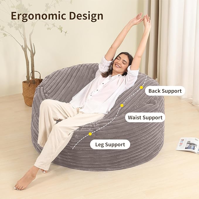 4FT Memory Foam Bean Bag Chair for Adults/Teens, Bean Bag Sofa with Fluffy Removable Cover, for Living Room Bedroom, Grey-CasaMuseHome