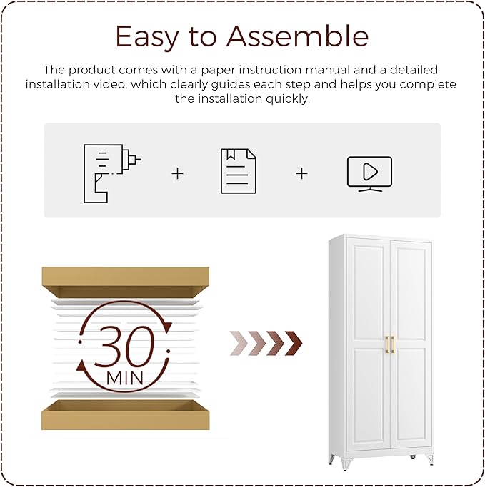 75" Kitchen Pantry Cabinet, White Metal Storage Cabinets with 2 Doors and 4 Adjustable Shelves, Tall Pantry Storage Cabinet for Kitchen, Dining Room, Living Room-CasaMuseHome