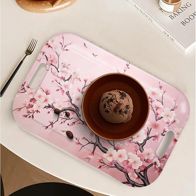 Serving Trays with Handles, 14.5 x 9.8 inch Rectangular Plastic Tray for Restaurant, Kitchen, Pink Cherry Blossom-CasaMuseHome