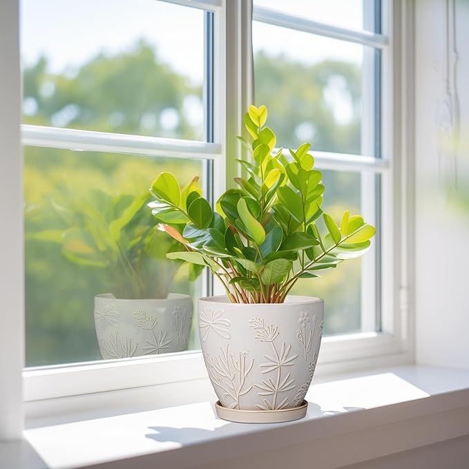 6.9 Inch Ceramic Plant Pot for Indoor Plants Outdoor Round Planter Flower Pot with Drainage Hole and Saucer for Home Garden Office Decor White-CasaMuseHome