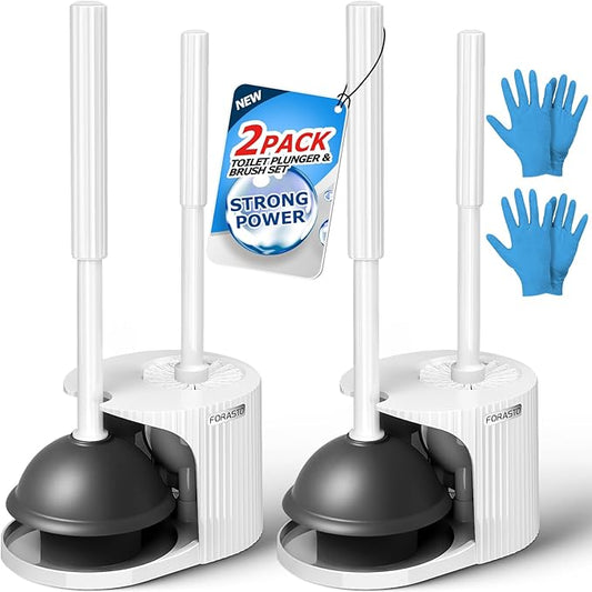 2Pack 2 in 1 Toilet Brush and Plunger Set, Extended Handle Plunger，Toilet Bowl Brush Plunger Set,Bathroom Cleaning Tools ，Toilet Brush Plunger Combo，Cleaning Brush，Cleaning Supplies(White)-CasaMuseHome