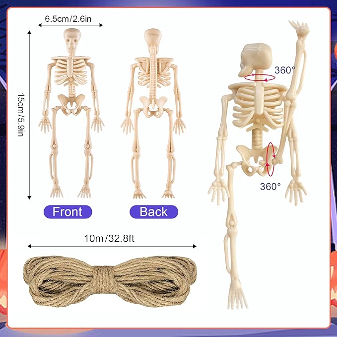 24 Pcs mini skeleton halloween decoration With hemp rope，6”small plastic posable halloween tiny skeleton figurines decor for Halloween Indoor Outdoor Graveyard Decor Haunted House Party Favors-CasaMuseHome