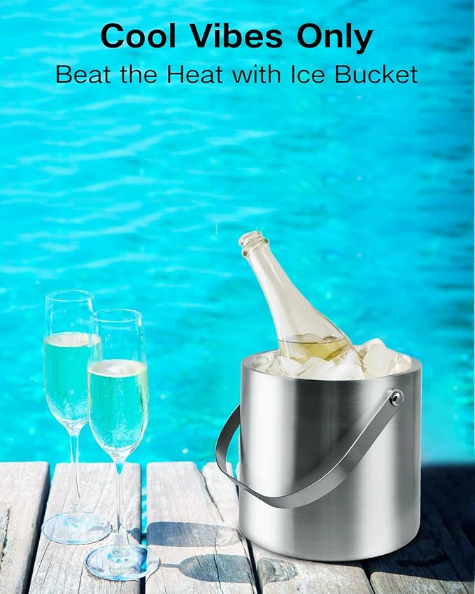 3L Double Wall Ice Bucket with Silicone Lid, Tongs & Scoop Insulated Ice Buckets for Parties & Cocktail Bar,[Silicone Lid for Longer Ice] Large Wine Bar Bucket Stainless Champagne Chiller-CasaMuseHome