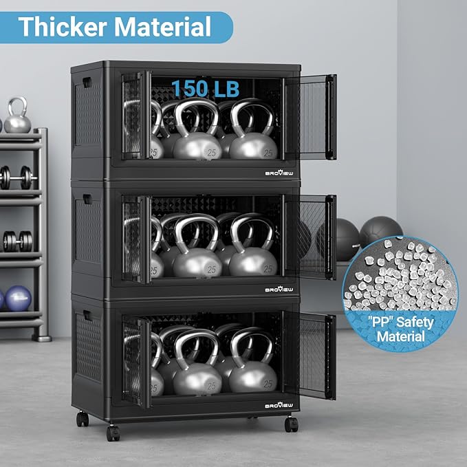 600Qt Stackable Storage Bins with Lids, 150Gal Closet Organizers and Storage Drawer, Plastic Collapsible Storage Bins with Doors, Heavy Duty Store Box Cabinet for Home Kitchen, 6Pack Black-CasaMuseHome