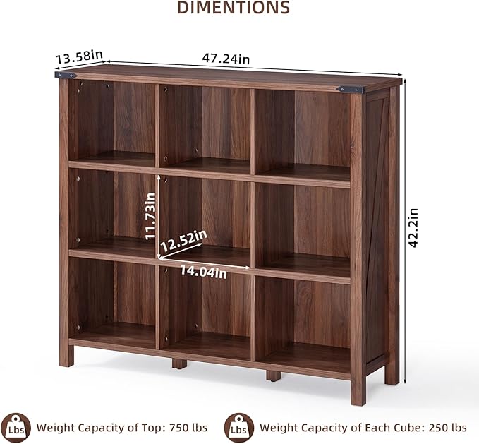 9 Cube Bookcase, Farmhouse 47 Inch Wide Brown Walnut Bookshelf, Wooden 3 Tier Display Large Open Book Shelf, Vintage Horizontal Book Case for Home Office, Cubby Storage Cabinet for Living Room-CasaMuseHome