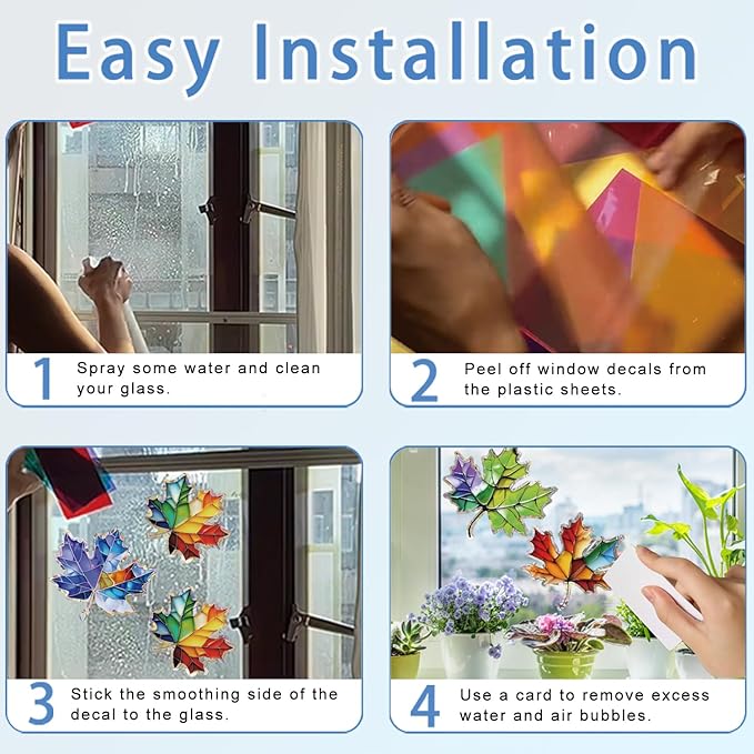 14pcs Window Decals for Bird Strikes, Anti Collision Window Clings, Rainbow Reflection Window Sticker, Maple Leaf Style Sun Catcher Stickers for Glass Windows-CasaMuseHome
