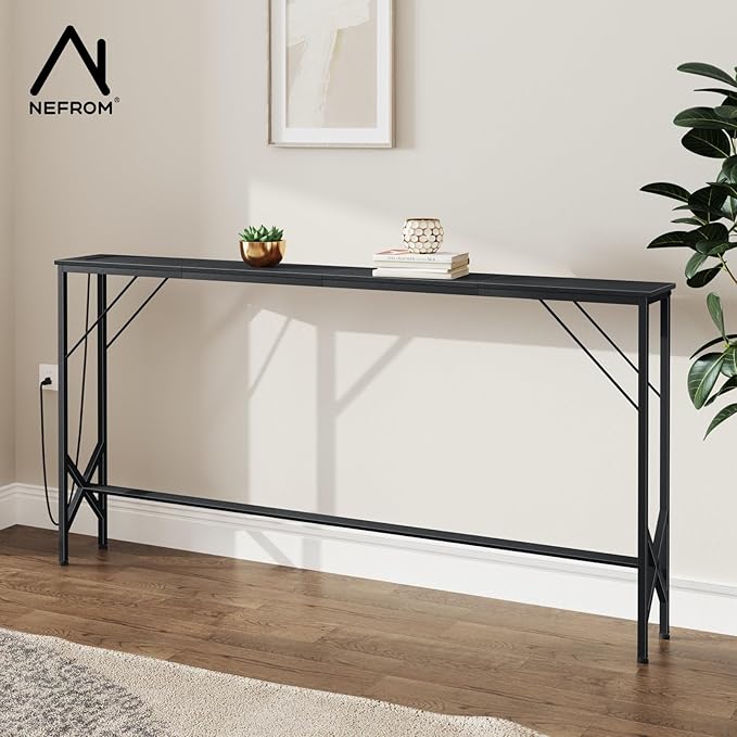 63'' Console Table, Skinny Entryway Table with Fast-Charging Station, Narrow Long Sofa Table, Behind Slim Couch Table for Entrance, Hallway, Living Room Decor ST-BK160-1-CasaMuseHome