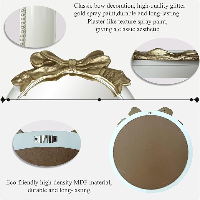 26x26 inch Bow Antique Mirrors for Wall, Round White and Gold Decorative Wall Mounted Mirror, Circle Antique Mirrors Suitable for Bedroom, Hallway, Living Room Decoration, Bathroom Sink-CasaMuseHome