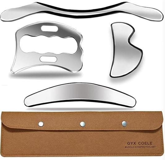 4 in 1 Muscle Scraper Tool Set,Stainless Steel Gua Sha Massage Tools, Professional Physical Therapy Instruments with Storage Case-CasaMuseHome