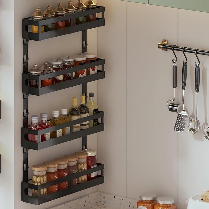4-Tier Small Wall Mounted Spice Rack Organizer, Hanging Spice Shelf for Cabinet or Pantry, Height-Adjustable Seasoning Holder for Kitchen Storage, Black-CasaMuseHome