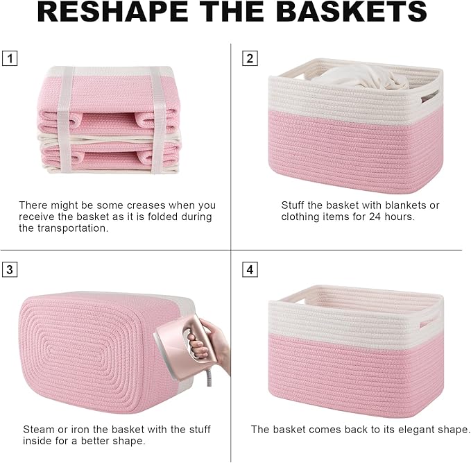 4 Pack Storage Baskets for Organizing, Woven Baskets for Shelves - Perfect for Toys, Books, Towels, and Clothes, Durable Gift Basket Bins Toy Storage, 12.7''Lx9''Wx7.8''H, Pink & White-CasaMuseHome