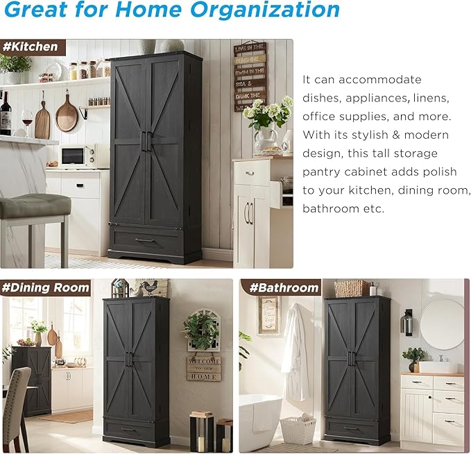 72" Farmhouse Kitchen Pantry Cabinet with Drawer, Tall Storage Cabinet with 2 Barn Doors and Shelves, Versatile Large Rustic Storage for Dining Room, Bathroom, Living Room, Black-CasaMuseHome