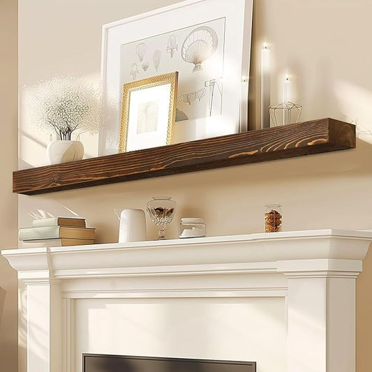 60x8x3 Fireplace Mantel - Solid Rustic Wood - Wall Mounted Floating Shelf with Invisible Heavy Duty Steel Bracket (Weathered Brown)-CasaMuseHome