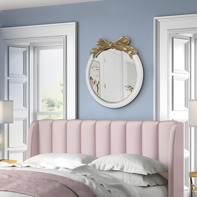 26x26 inch Bow Antique Mirrors for Wall, Round White and Gold Decorative Wall Mounted Mirror, Circle Antique Mirrors Suitable for Bedroom, Hallway, Living Room Decoration, Bathroom Sink-CasaMuseHome