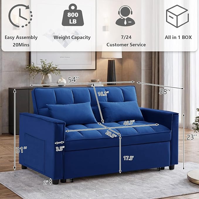 3 in 1 Convertible Sleeper Sofa Bed,Futon Loveseat Couch with Pull-Out Bed & Adjustable Backrest,Velvet Fabric Sofa with Side Pocket for Small Apartment, Living Room, Office (Blue)-CasaMuseHome