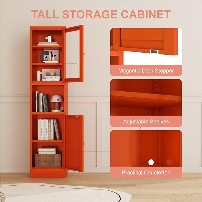 67" Tall Bathroom Storage Cabinet, Narrow Metal Floor Cabinet with Glass Door and Adjustable Shelves, Freestanding Metal Locker for Laundry, Kitchen, Dining Room-CasaMuseHome