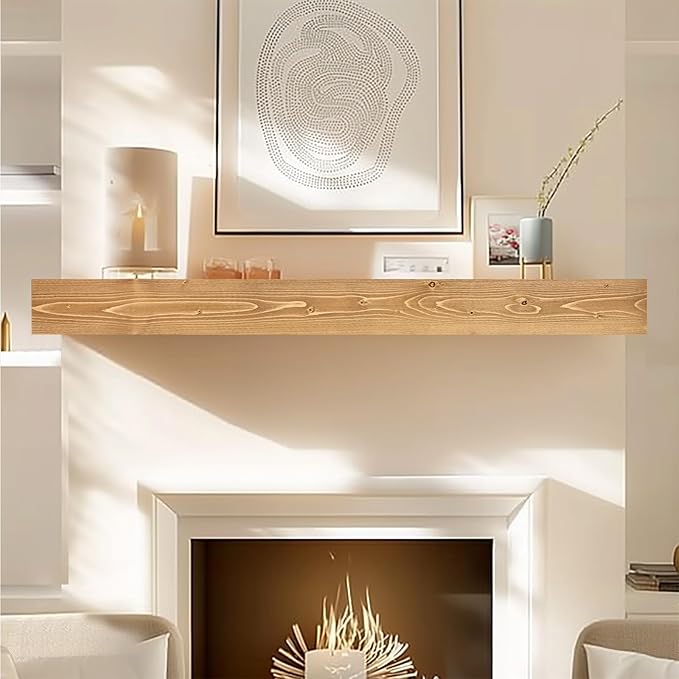 60x8x3 Fireplace Mantel - Handcrafted Hollow Rustic Solid Wood Wall Mounted Floating Shelf with Invisible Heavy Duty Wood Bracket (Natural Wood)-CasaMuseHome