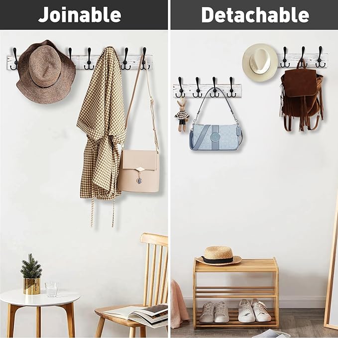 32.2'' Large Coat Rack Wall Mount Coat Hooks with 8 Metal Black Triple-Hooks Old White Pine Real Wood Plank Hat Rack for Wall Hooks-CasaMuseHome