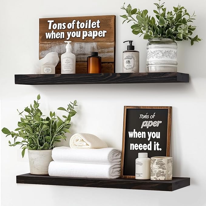 24"x6.8"x1.2" Solid Wood Floating Shelves 2-Pack - Rustic Black Finish with Hidden Brackets, Perfect for Storage and Décor in Living Room, Kitchen, Bedroom-CasaMuseHome