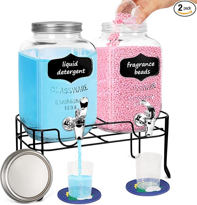 2-Pack 1 Gallon Glass Laundry Detergent Dispenser Set with Bamboo Lids and Stand - Liquid Soap and Fabric Softener Dispensers with Spigots, Cups, Labels and Mats, Laundry Room Organization and Storage-CasaMuseHome