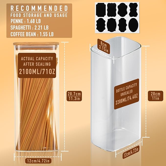 71oz Rectangle Airtight Glass Storage Containers with Bamboo Lids (Set of 3), Square Food Storage Jar, Pantry Organizers for Sugar, Flour, Spaghetti and Coffee beans (‎with Black Lable)-CasaMuseHome