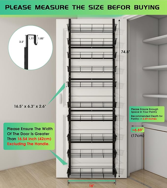 10-Tier Over The Door Pantry Organizer, Pantry Organization and Storage, Black Metal Hanging Adjustable Basket, Wall Spice Rack Seasoning Shelves, Home & Kitchen Essentials-CasaMuseHome