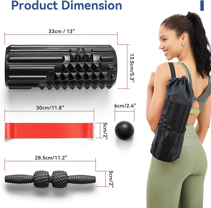 5 in 1 Foam Roller Set, High Density Foam Roller, Muscle Roller Stick, Massage Ball, Resistance Band for Physical Therapy & Deep Tissue Muscle Massage (Black)-CasaMuseHome