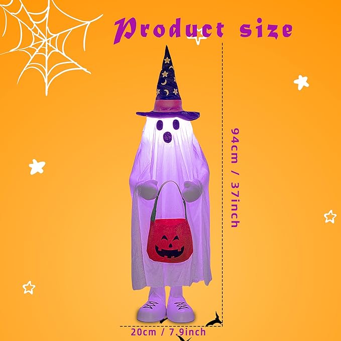 37" Cute Front Porch Light Up Halloween Ghost Décor, Kids Standing Trick or Treat Indoor and Outdoor Decorations-Star Moon-CasaMuseHome