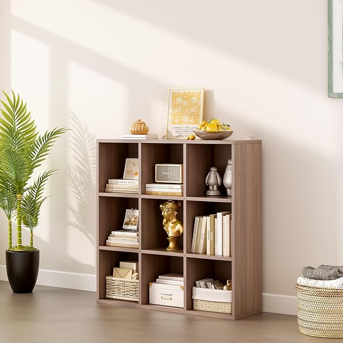 9-Cube Storage Shelf Bookcase - Wooden 3-Tier Floor Standing Open Bookshelf for Home and Office, Cuby Orgainzer, Walnut-CasaMuseHome